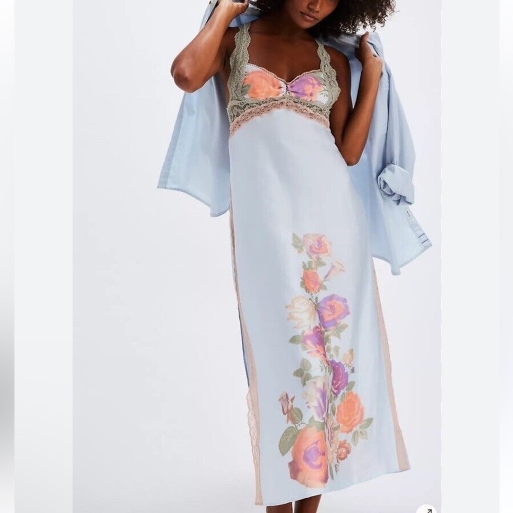 New free people romantic pastel Floral Maxi Dress with Lace Straps small